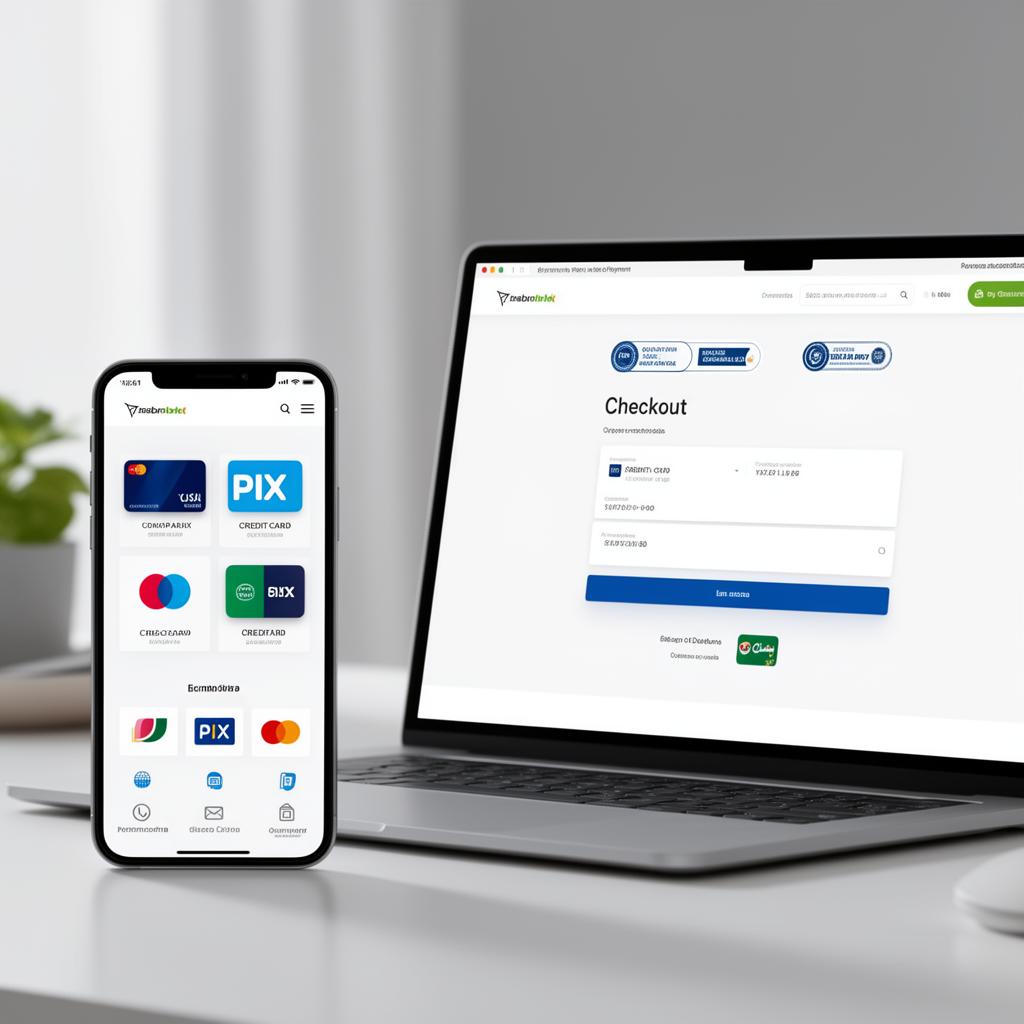 Opções de pagamento em checkout de e-commerce mostrando PIX, cartão e wallets digitais