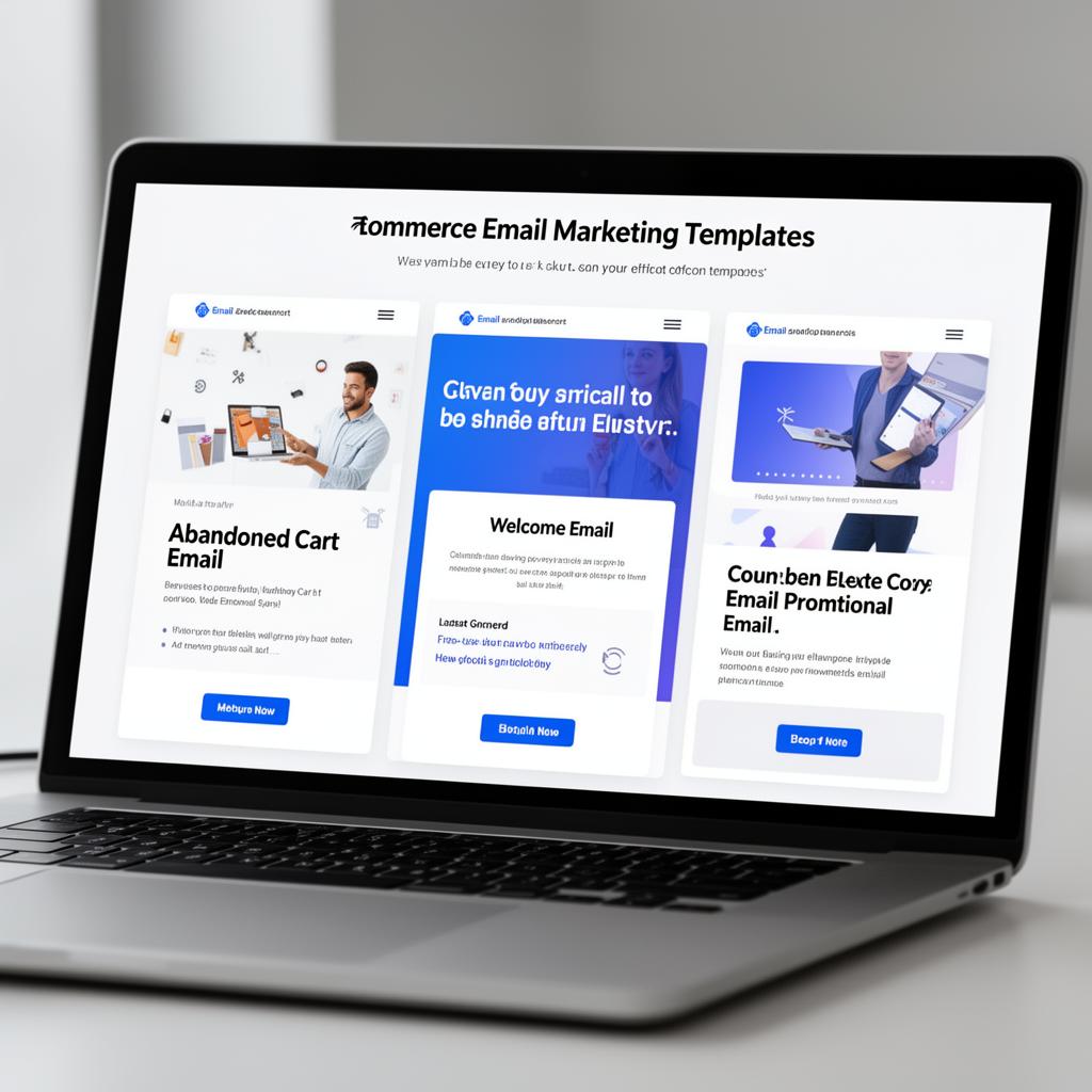 Templates de email marketing para e-commerce mostrando carrinho abandonado, boas-vindas e promoção