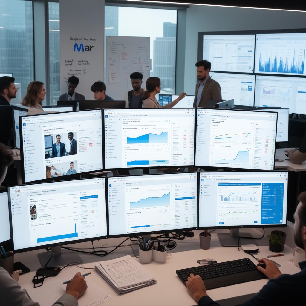 Equipe de tráfego pago analisando performance de campanhas para e-commerce em múltiplas telas