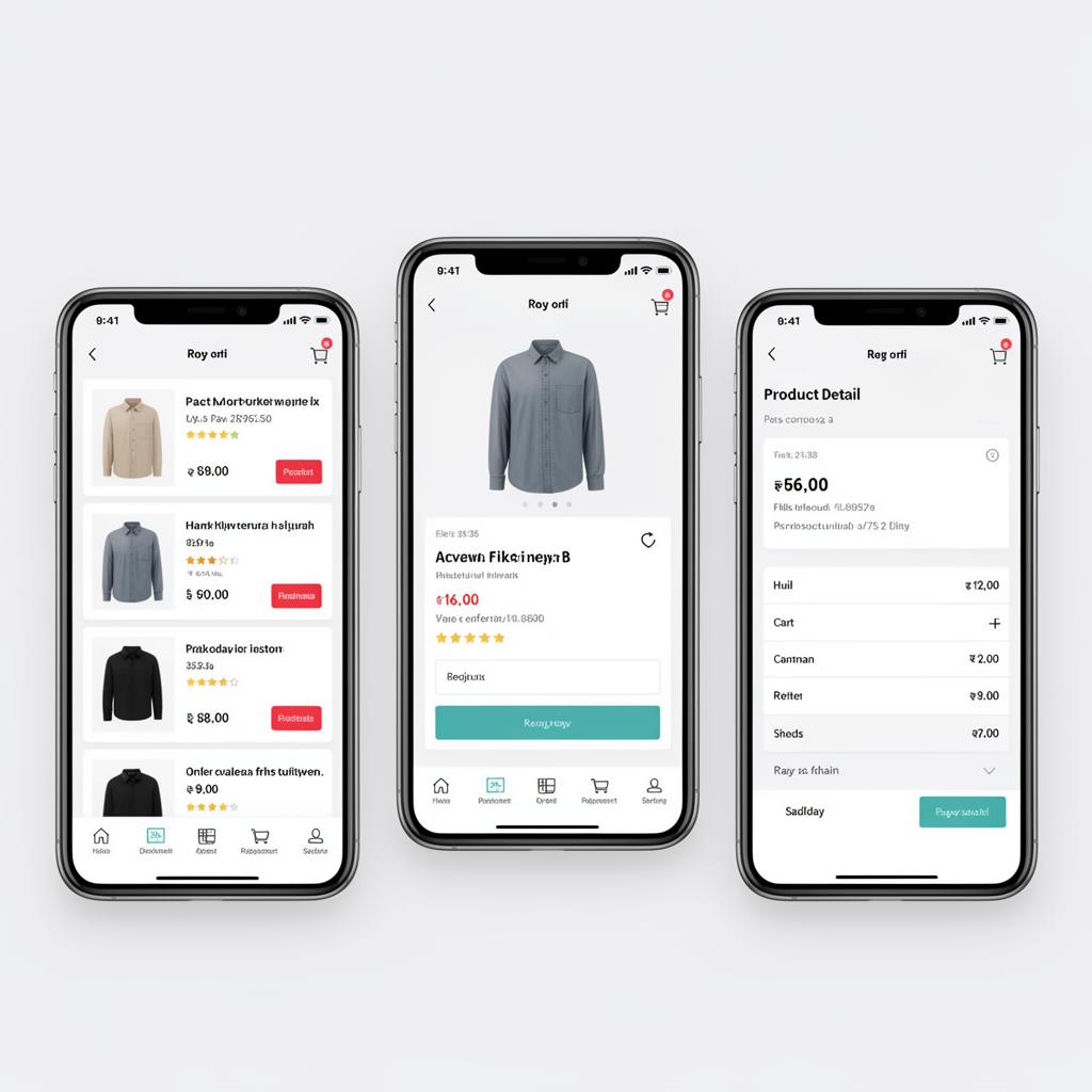 UX mobile de e-commerce mostrando listagem de produtos, detalhe e carrinho em smartphones
